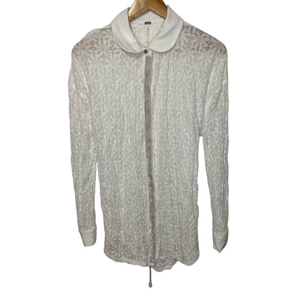 Free People Tops - Free People White Tunic Top M Womens Button Front Collared Long Sleeve Lace Tie